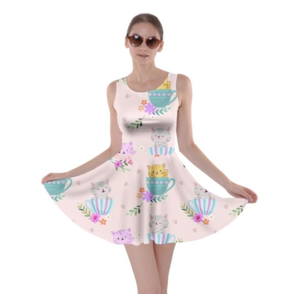 CowCow Skater Dress, Pink w Kittens in Teacups, 5X - Picture 1 of 3